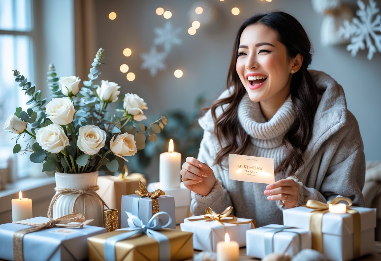 A young woman smiling happily while looking at a table filled with wrapped gifts, winter flowers, and experiential gift items in a cozy room decorated with subtle seasonal accents.