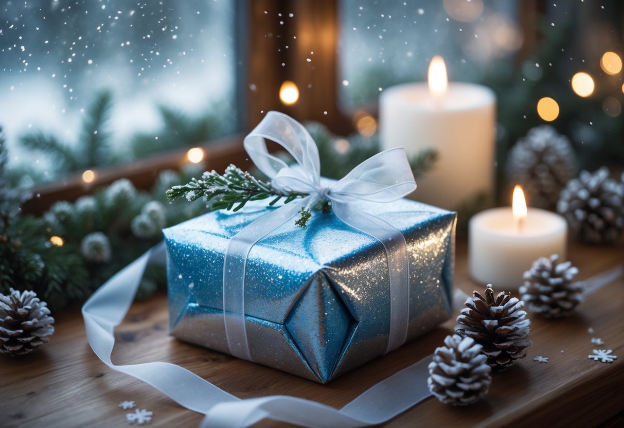 A beautifully wrapped birthday gift with winter decorations on a wooden table near a window showing snowfall outside.
