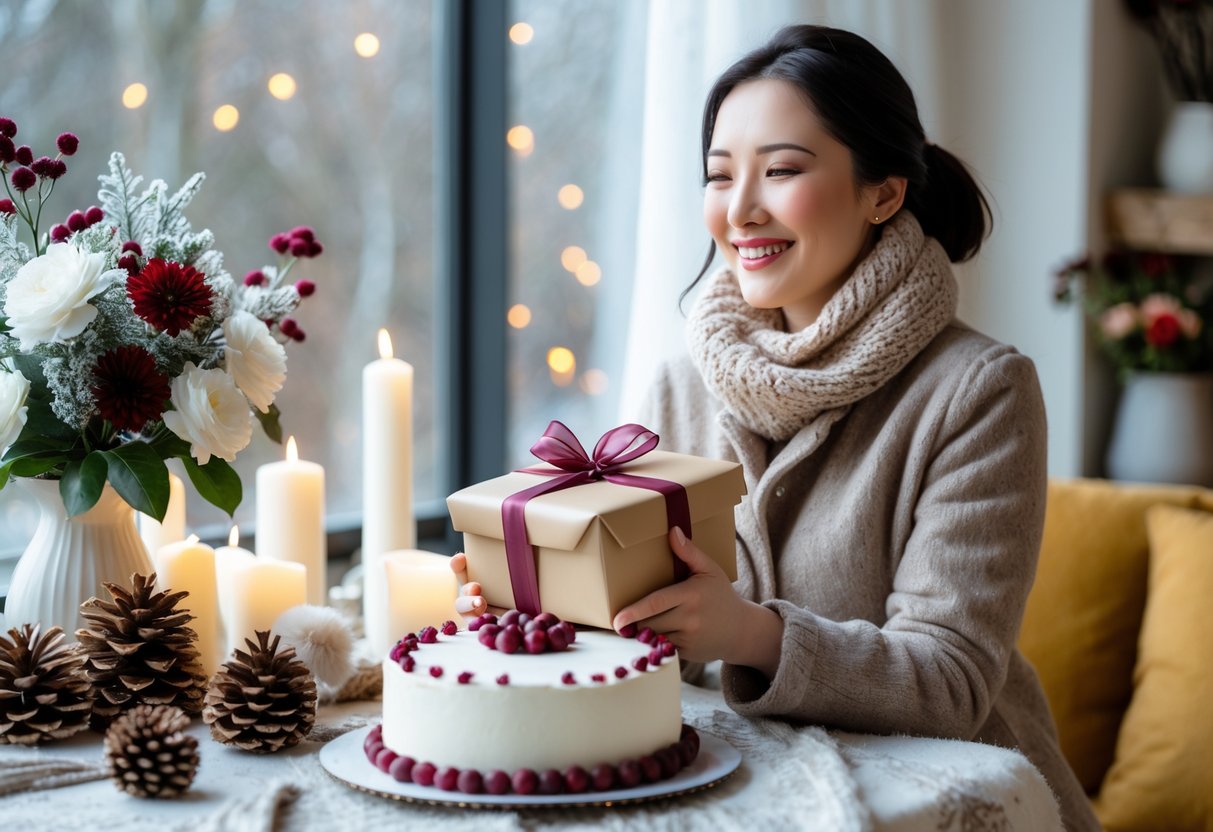 A woman in winter clothing smiling and holding a wrapped gift at a decorated table with a birthday cake, flowers, and winter-themed decorations.