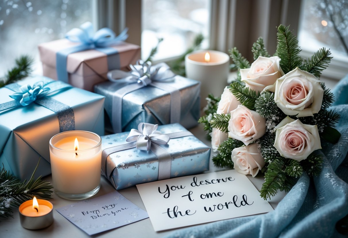 A cozy birthday gift setup with wrapped presents, roses, a candle, and a cup of tea near a frosted window.