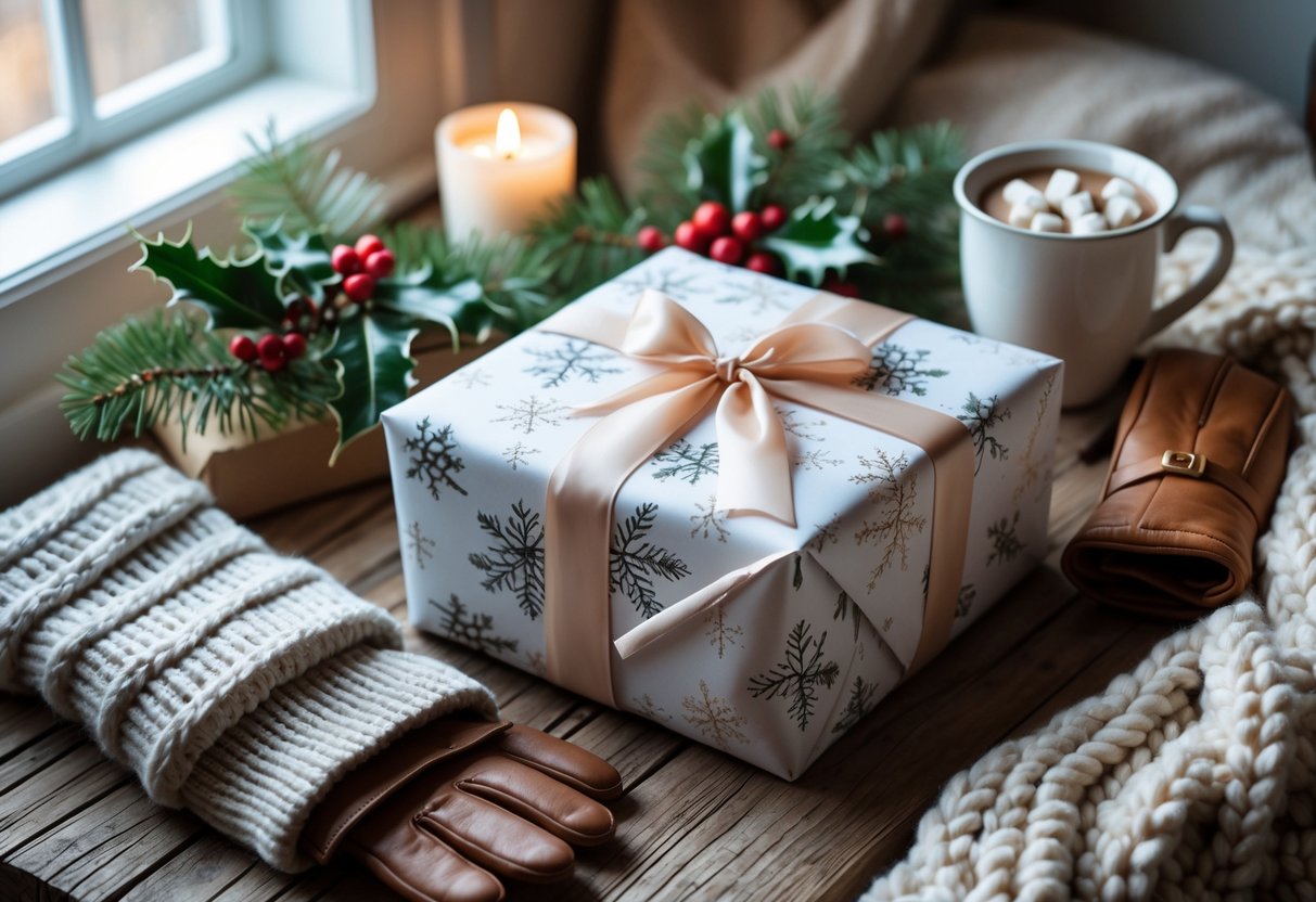 A cozy winter gift arrangement with a wrapped present, knit scarf, gloves, hot cocoa, and winter greenery on a wooden table indoors.