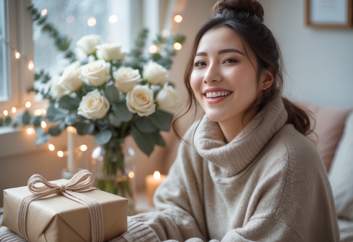 A young woman smiling happily in a cozy room with birthday gifts, winter flowers, and soft lighting, celebrating her January birthday.