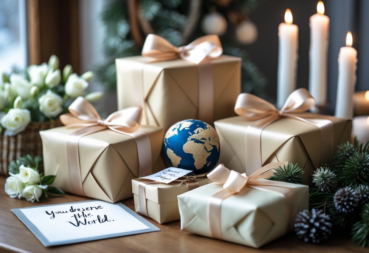 A table with wrapped birthday gifts, a small globe-themed item, winter flowers, and candles in a cozy indoor setting.