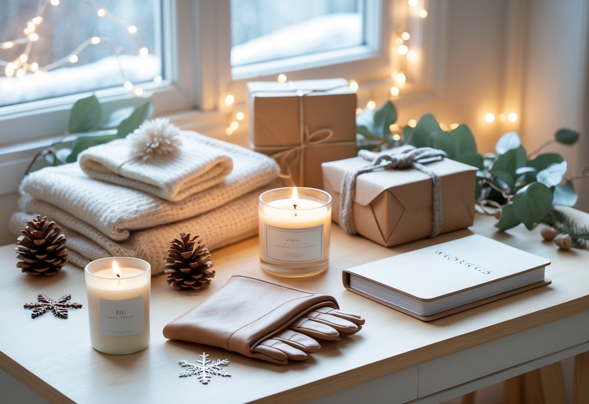 A collection of winter-themed gifts including a scarf, gloves, silver necklace, scented candles, and a journal arranged on a wooden table with pinecones and fairy lights.