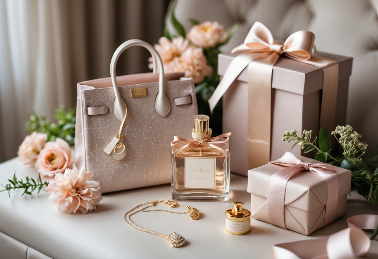 A collection of luxury birthday gifts for a woman including a designer handbag, jewelry box with necklace, perfume bottle, and wrapped gift box arranged with flowers on a soft surface.