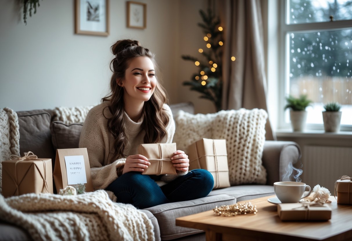 A young woman sitting on a sofa surrounded by thoughtful birthday gifts including a handmade card, a small plant, a book, and jewelry, with a cozy winter setting visible through a window.