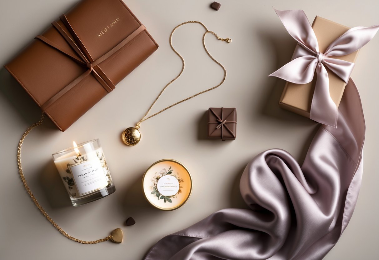 A flat lay of elegant gift items including a gold globe necklace, leather journal, scented candle, silk scarf, and box of chocolates on a neutral background.