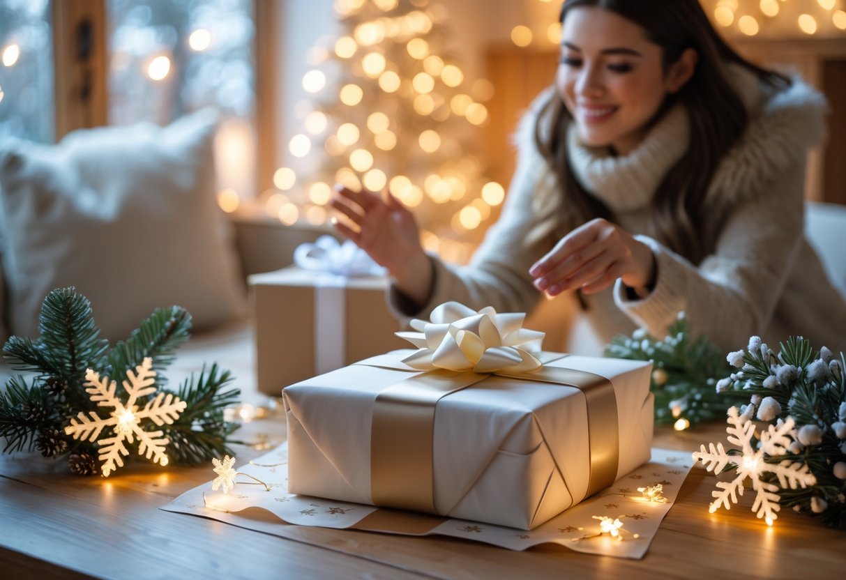 A woman reaching for a beautifully wrapped birthday gift surrounded by winter decorations on a table indoors.