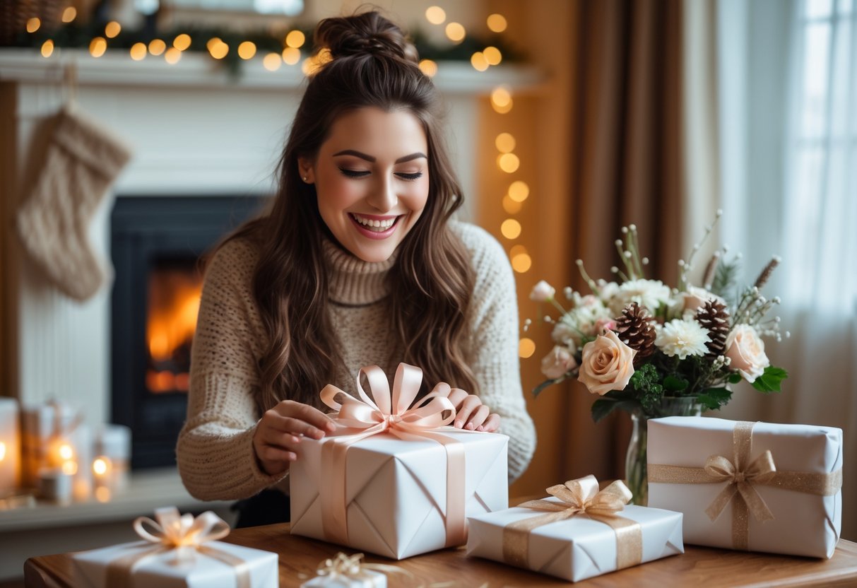 A smiling young woman unwraps a beautifully wrapped birthday gift in a cozy, softly lit room decorated with winter-themed accents.