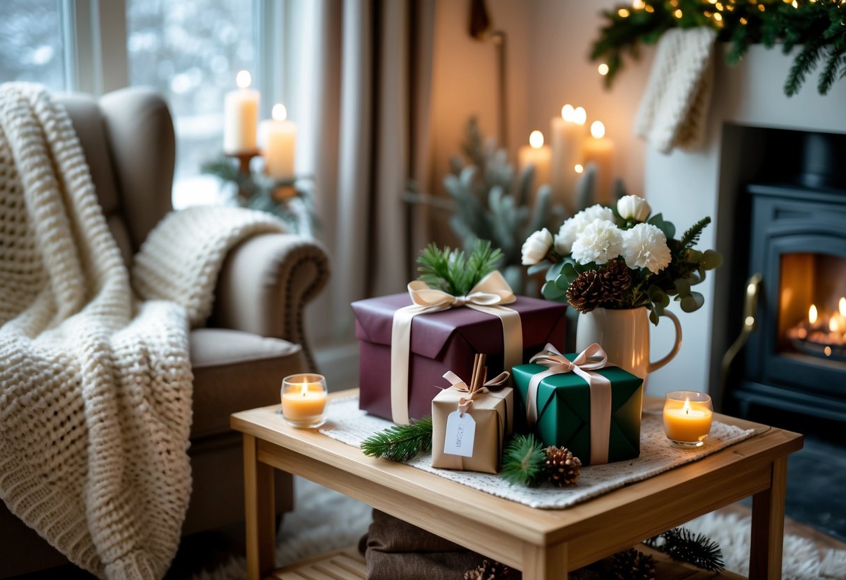 A cozy living room with wrapped birthday gifts, a knitted blanket on an armchair, a mug of hot cocoa, candles, and winter decorations.