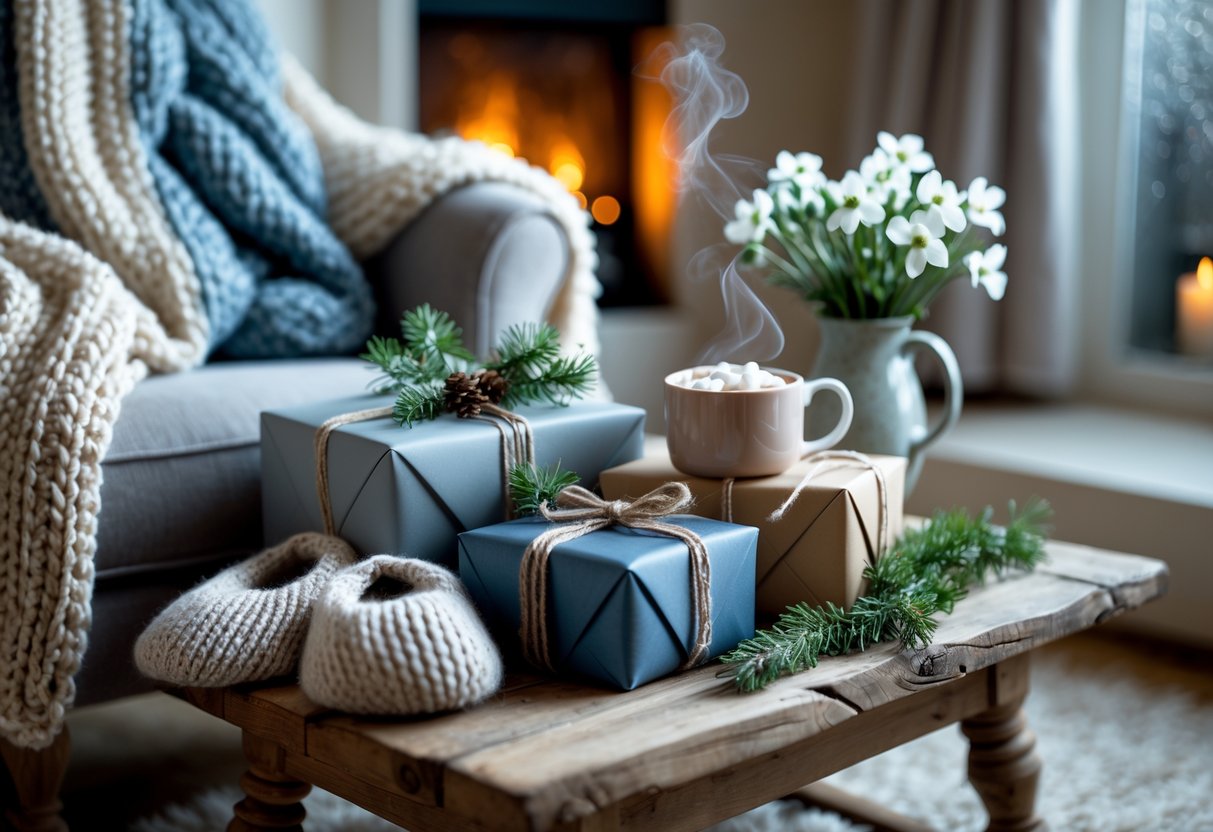 A cozy indoor scene with wrapped winter birthday gifts, a knit blanket on an armchair, a mug of hot cocoa, and a glowing fireplace with snow outside the window.
