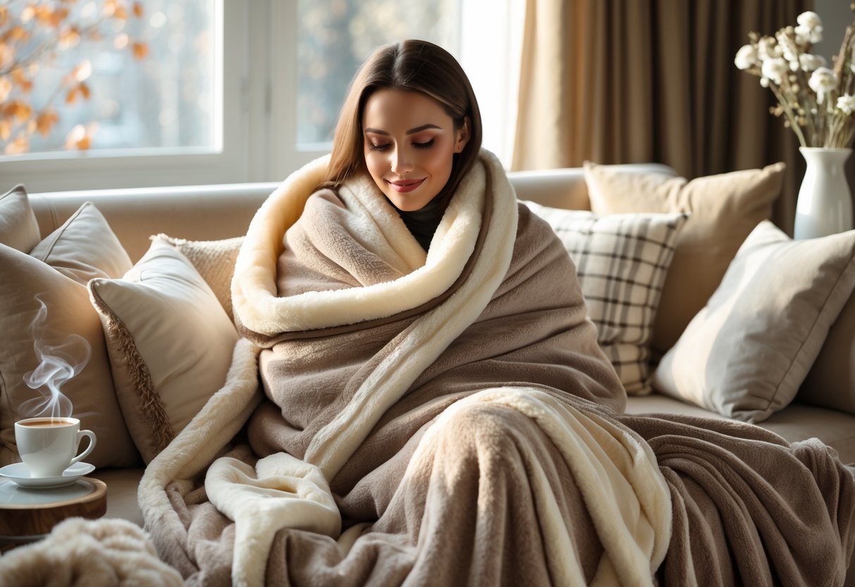 A woman sitting on a sofa wrapped in soft blankets in a warm, cozy living room with natural light and winter decorations.