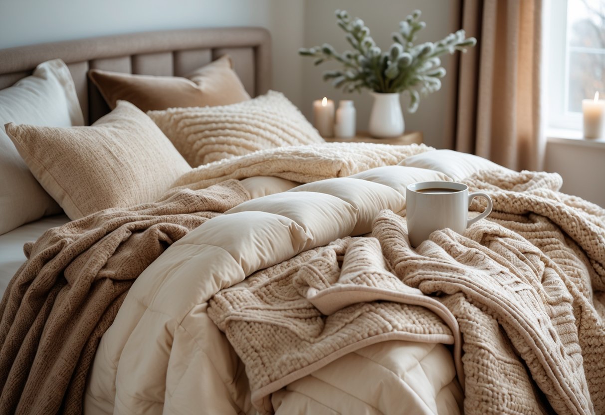 A cozy bed with warm blankets, pillows, and a knitted throw next to a window with soft natural light and a bedside table with a mug and winter greenery.