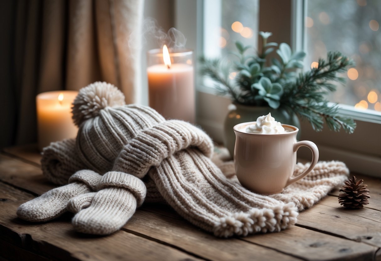 A collection of cozy winter accessories including a knit scarf, mittens, a wool beanie, and a steaming mug of hot cocoa arranged on a wooden table with a candle and winter greenery.