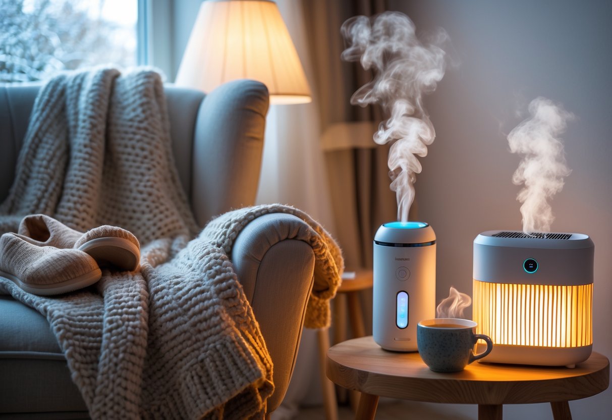 A cozy living room corner with a plush armchair, knitted blanket, woolen slippers, a heated throw, essential oil diffuser, steaming mug, and an infrared heater near a frosted window.