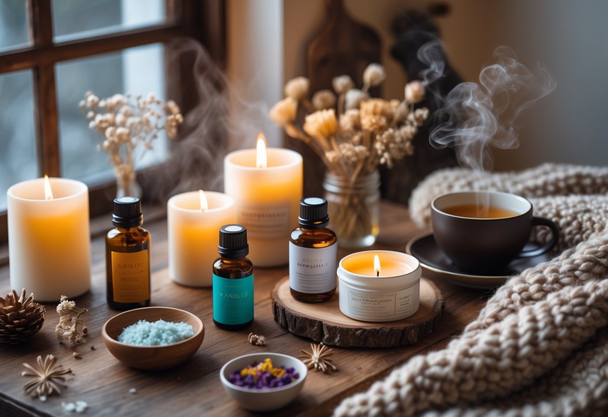 A cozy indoor scene with candles, essential oil diffusers, bath salts, dried flowers, a knitted blanket, and a cup of tea arranged on a wooden table.
