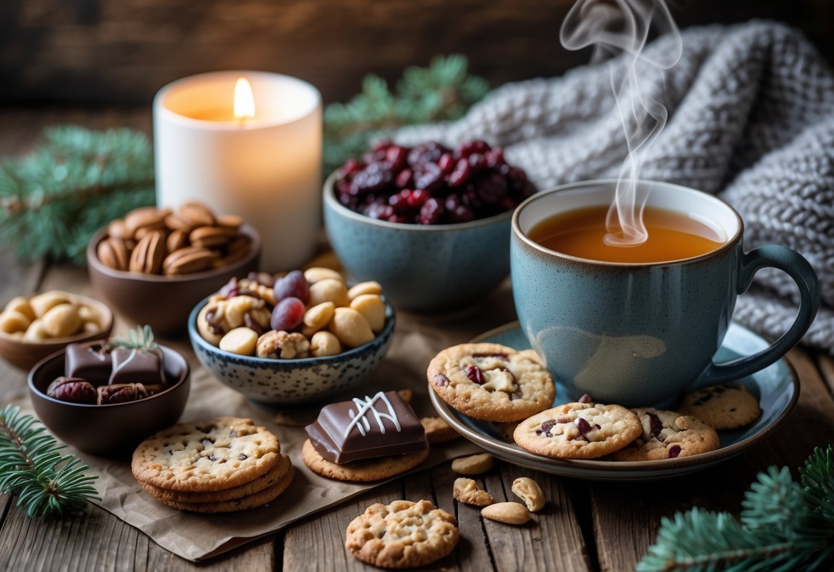 A cozy table setting with gourmet snacks and a steaming cup of hot beverage surrounded by winter decorations.