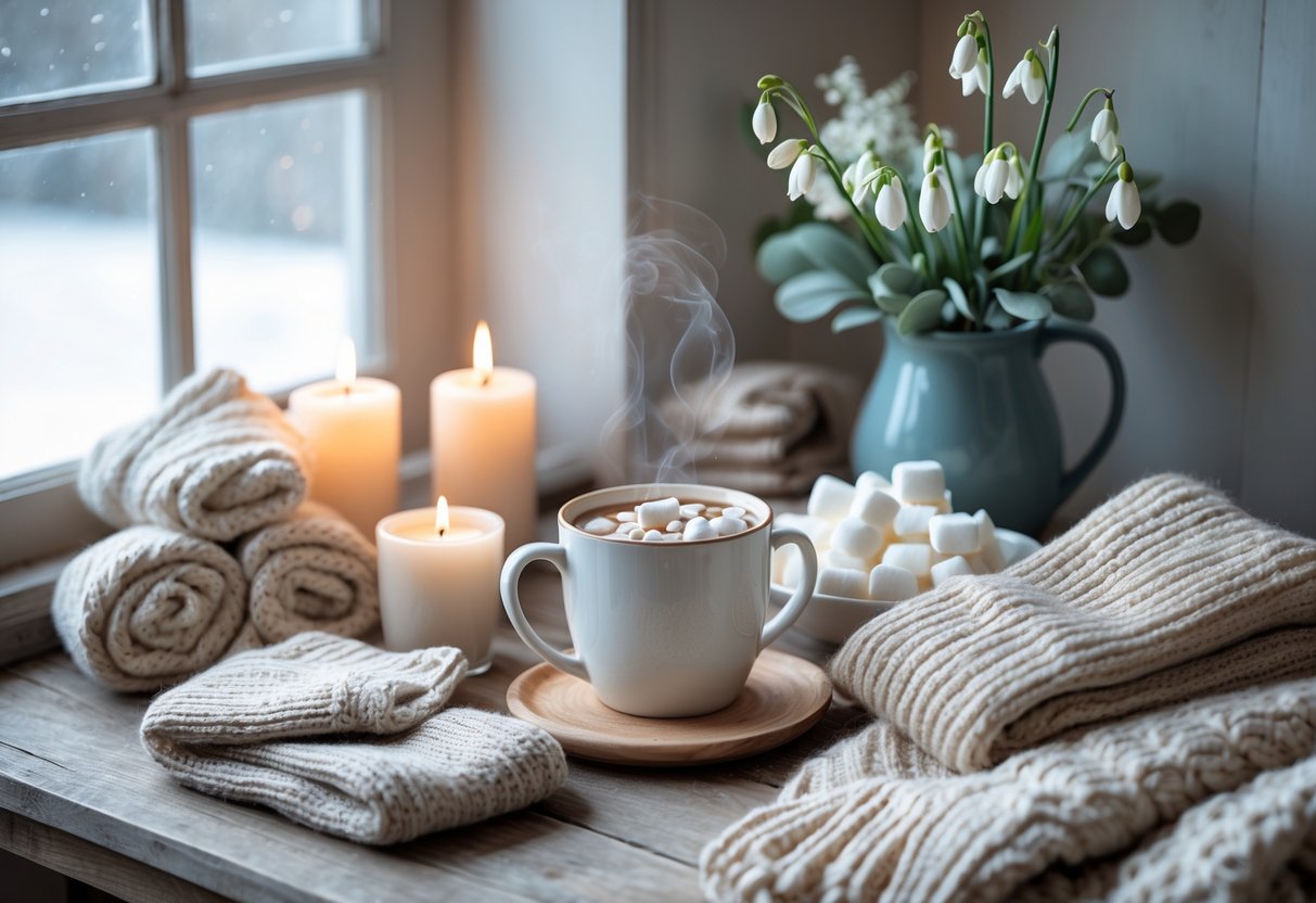 A cozy gift set with blankets, hot cocoa, candles, winter flowers, and woolen socks arranged on a wooden table near a frosted window with snow outside.