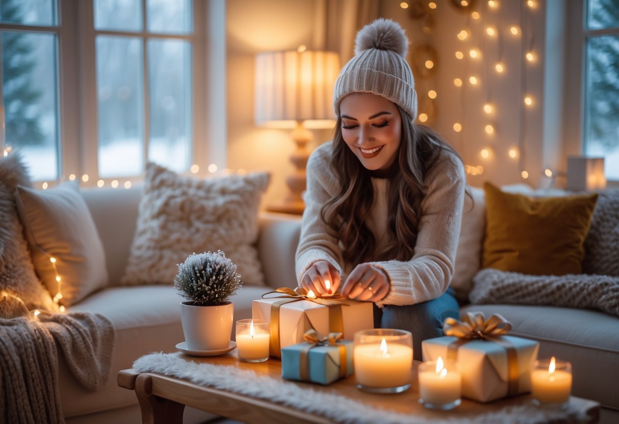 A woman arranging decor and gifts in a warmly lit living room with cozy blankets and frosted windows showing snow outside.