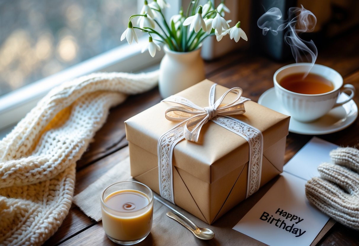 A cozy indoor scene with a wrapped gift box on a wooden table surrounded by a knitted blanket, a steaming cup, winter flowers, and a birthday card near a window with soft natural light.