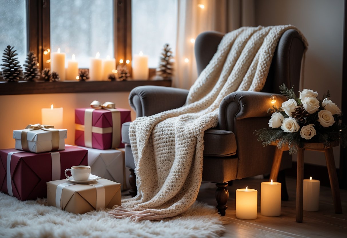A cozy indoor scene with a plush armchair, wrapped gifts, a steaming cup on a wooden table, winter flowers, and soft natural light through frosted windows.