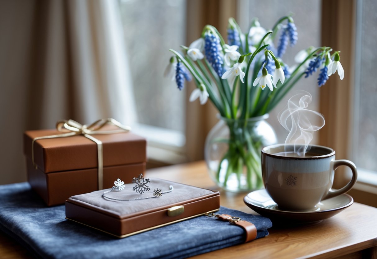 A cozy table displaying a silver snowflake necklace, a personalized leather journal, a bouquet of winter flowers, and a cup of tea.