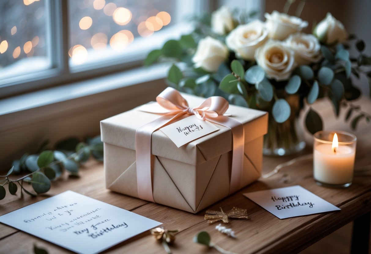 A beautifully wrapped birthday gift with a ribbon on a wooden table, surrounded by flowers, a handwritten card, and a lit candle.