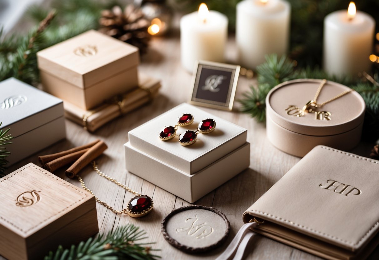 A table displaying personalized keepsakes and sentimental gifts including engraved boxes, birthstone necklaces, and custom photo frames surrounded by winter decorations.