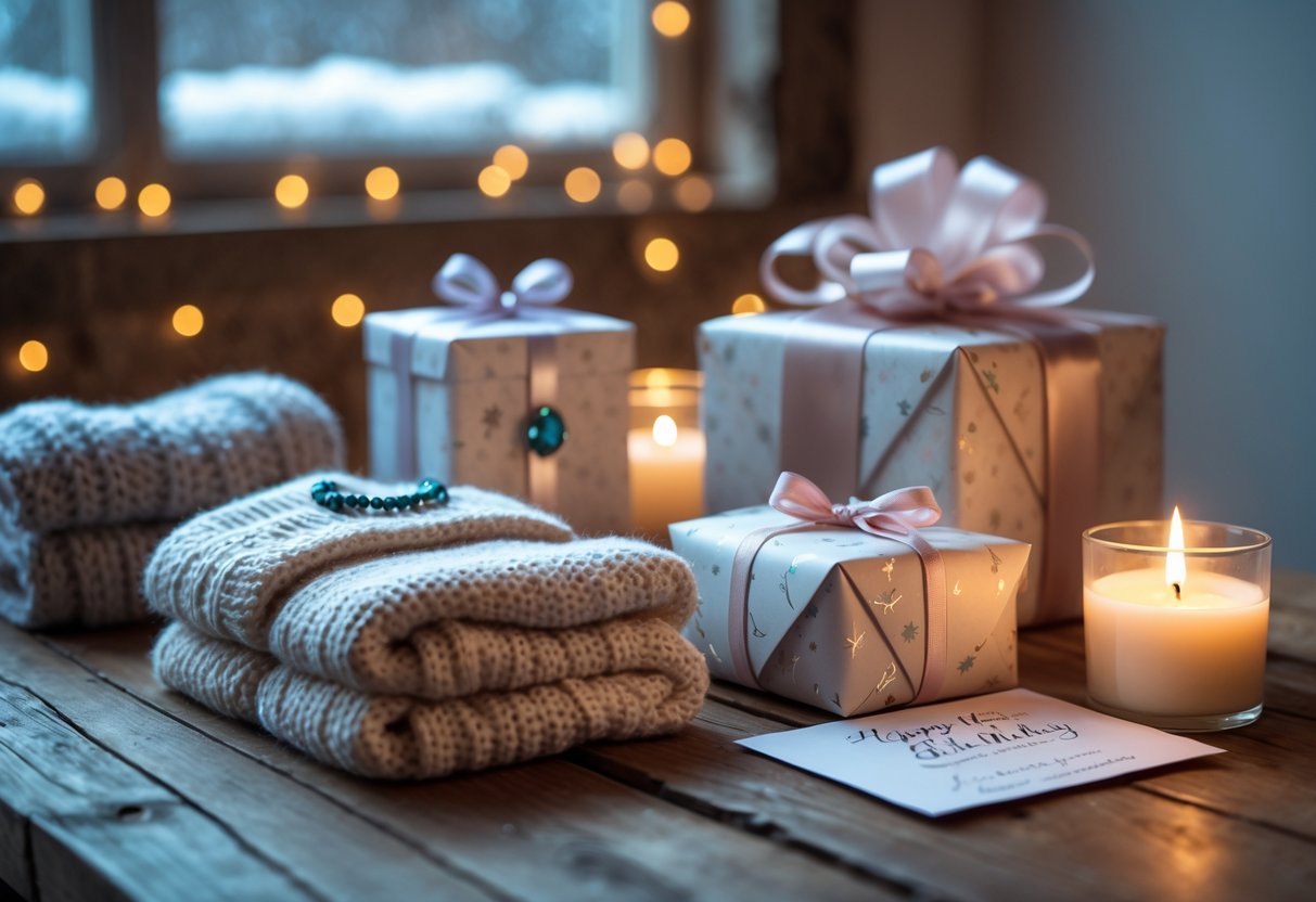 A cozy arrangement of personalized birthday gifts including a knitted scarf, silver birthstone necklace, wrapped box, scented candle, and a handwritten card on a wooden table near a frosted window.