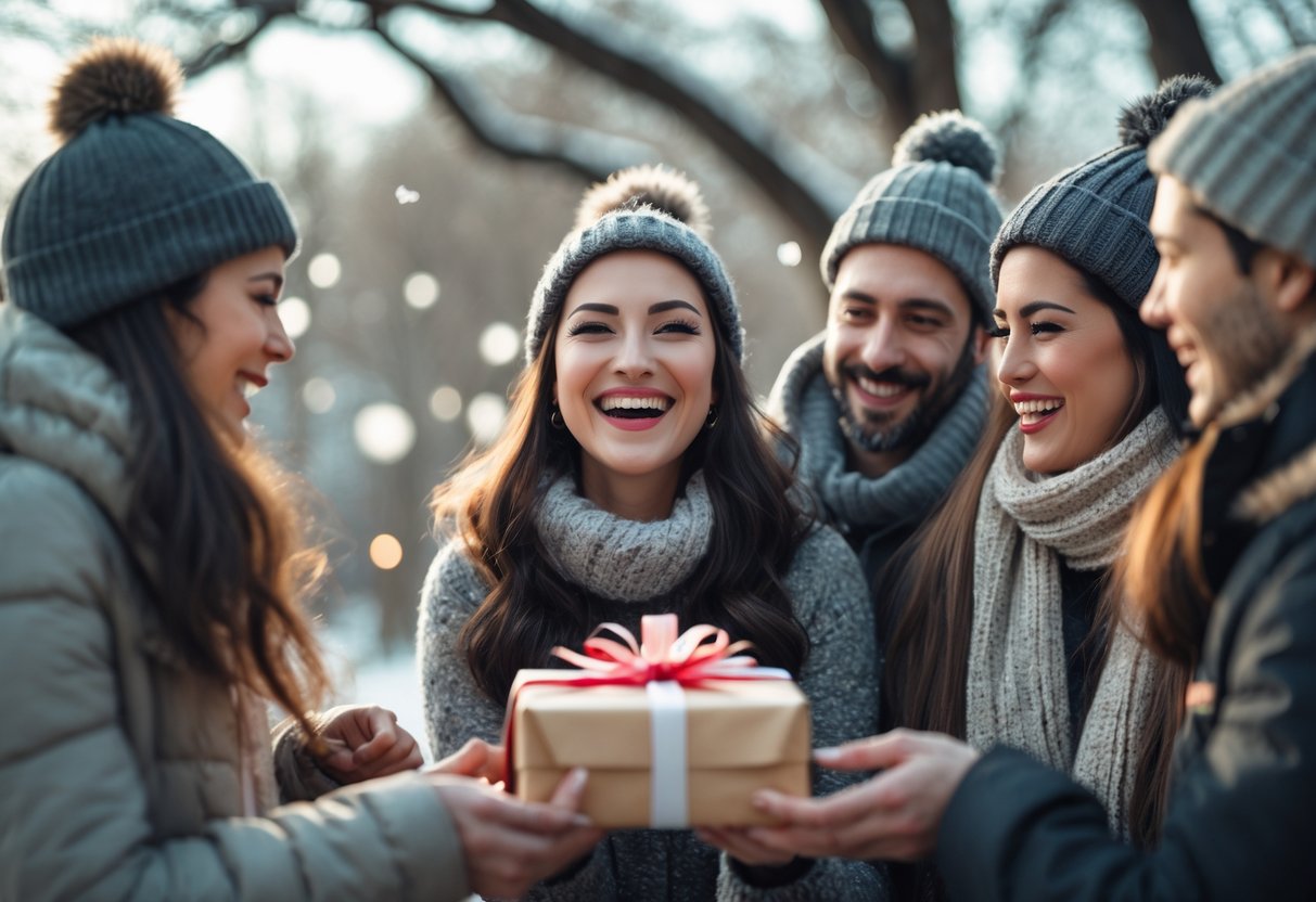 A young woman outdoors on a winter day smiling as she opens a gift with friends around her, celebrating a birthday with visible winter scenery.