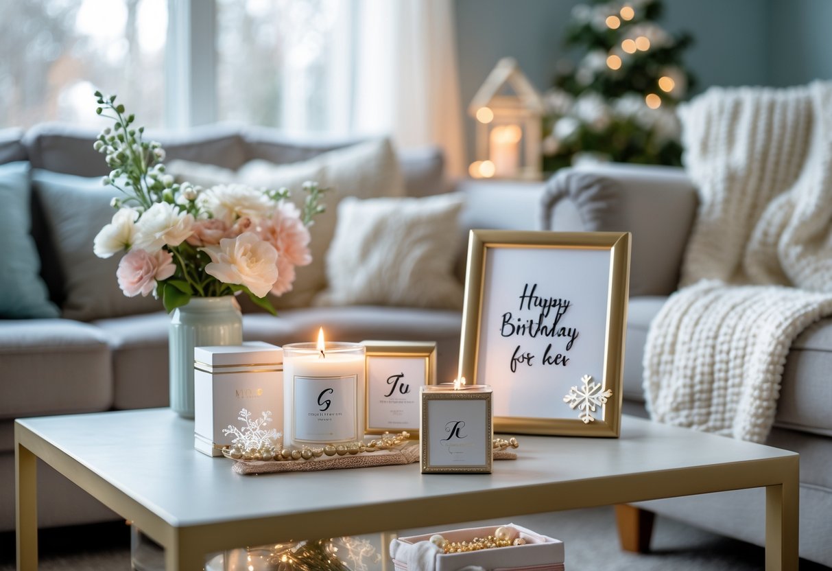 A cozy living room with personalized birthday gifts on a coffee table, including a candle, framed quote, and jewelry box, with flowers and a knitted throw nearby.