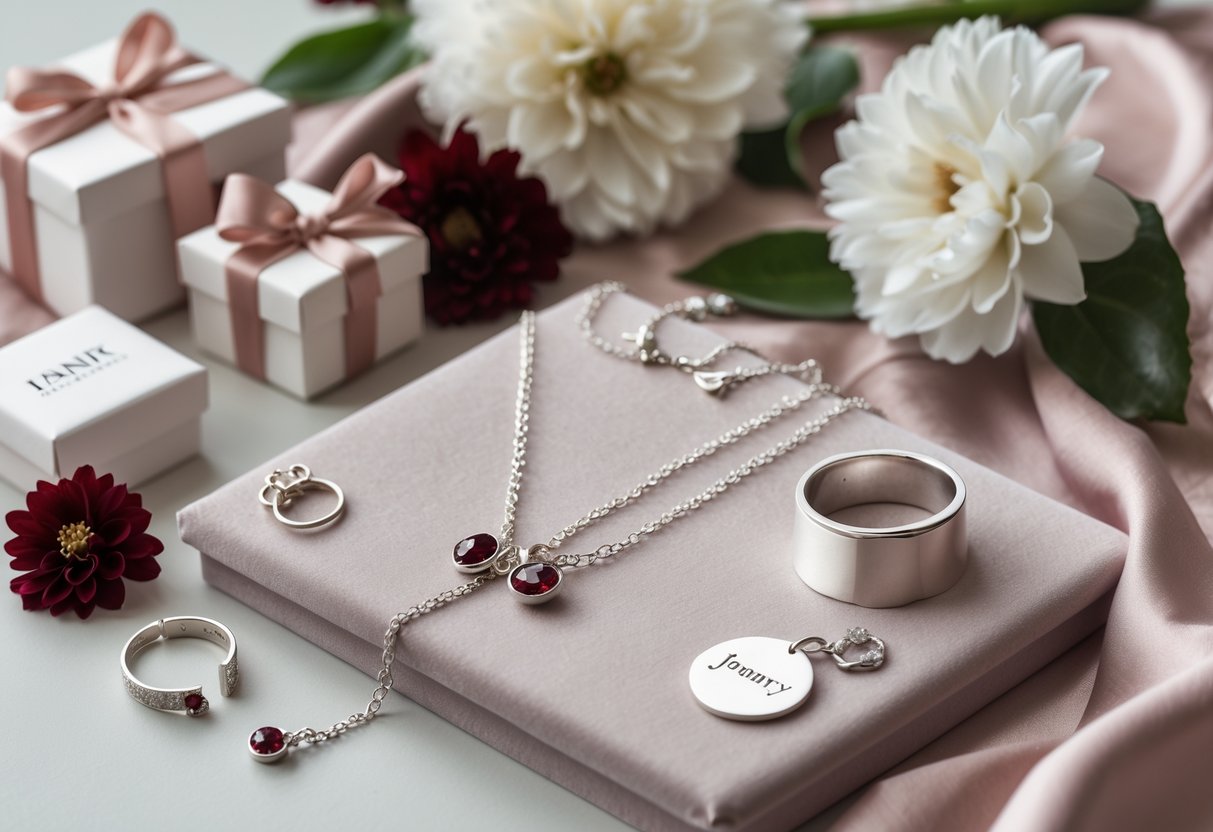 A collection of elegant jewelry including a garnet pendant necklace, personalized bracelets, and a ring arranged on velvet with gift boxes and flowers.