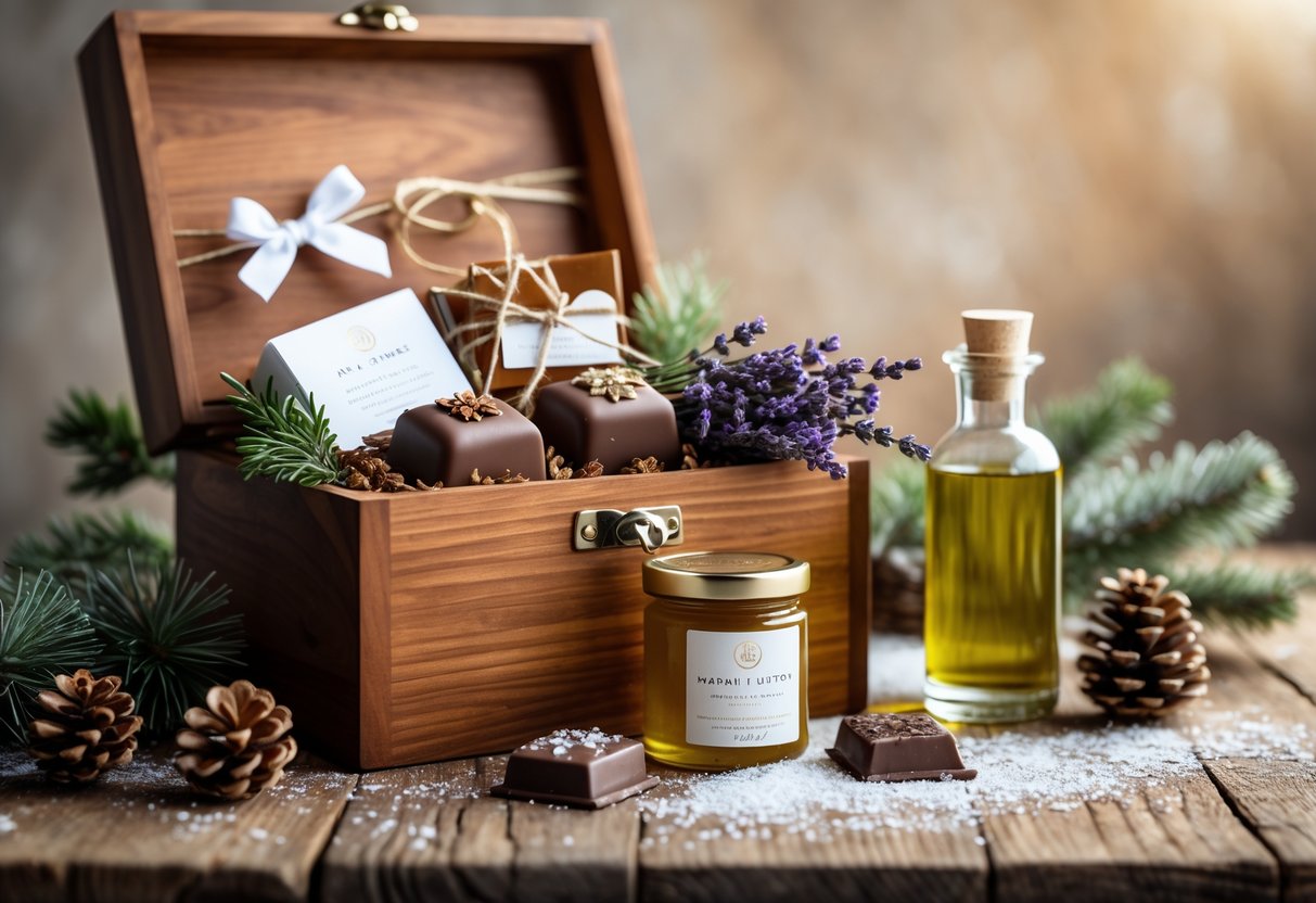 A gourmet gift box with chocolates, honey, lavender, olive oil, and a candle on a wooden table with winter decorations like pine cones and evergreen sprigs.