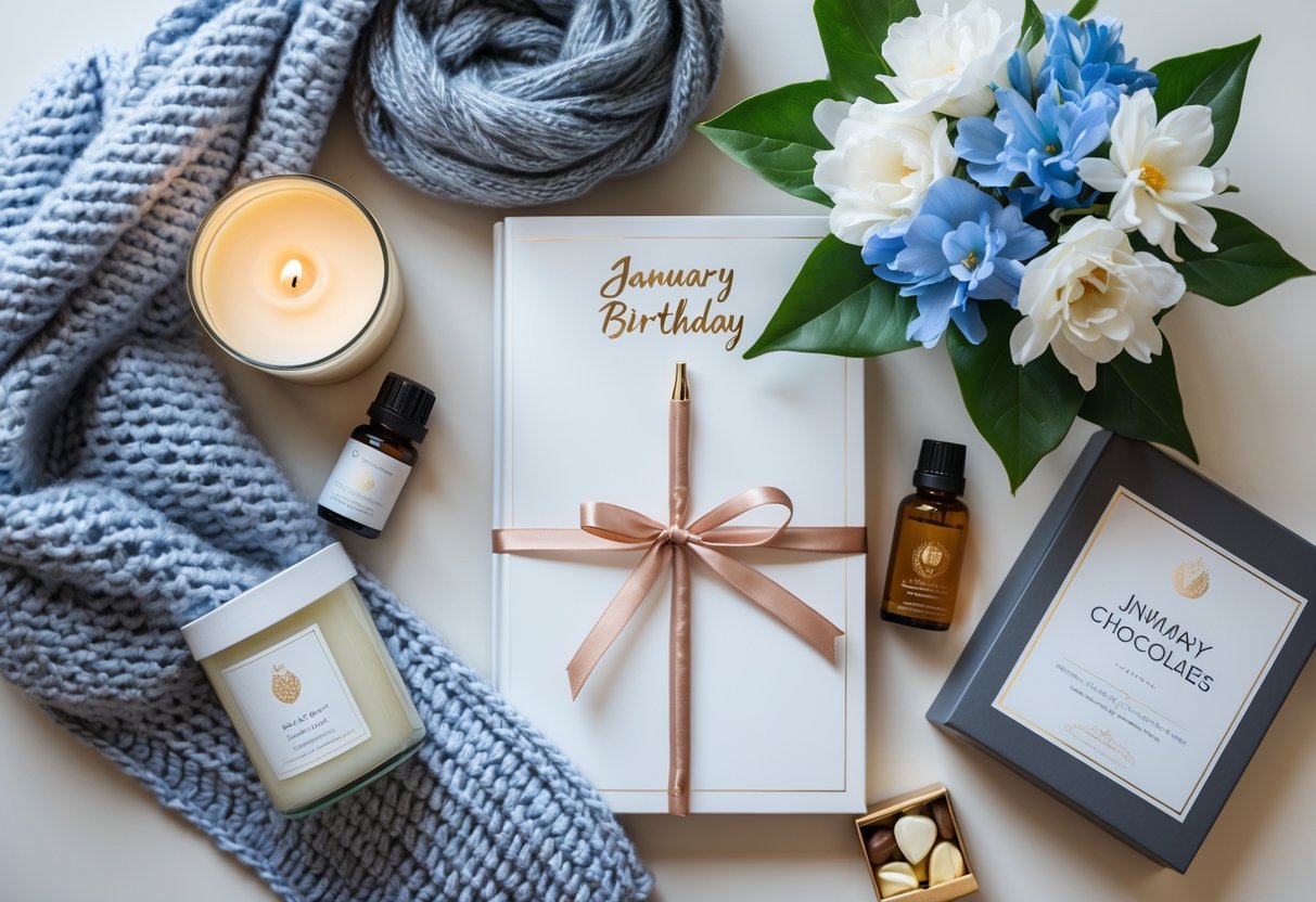 A flat lay of self-care and wellness gifts including candles, a scarf, a journal, flowers, essential oils, a bathrobe, and chocolates arranged on a neutral surface.