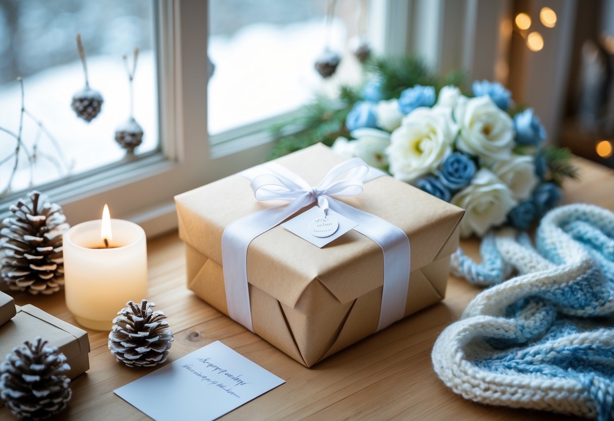 A wrapped birthday gift on a wooden table surrounded by a knitted scarf, flowers, and a handwritten note near a window with winter decor outside.