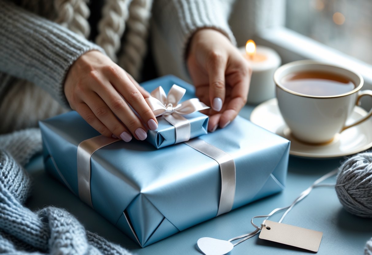 Close-up of a woman's hands wrapping a birthday gift with ribbon and decorative paper in a cozy indoor setting.