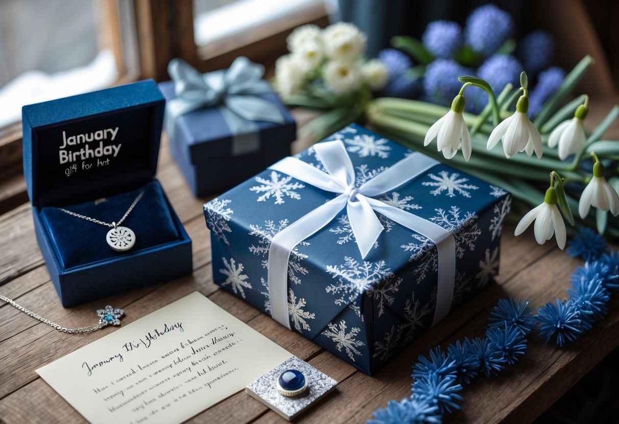 A gift box wrapped in blue paper with silver snowflakes on a wooden table, accompanied by a silver necklace, a handwritten note, and a small bouquet of white and blue winter flowers.