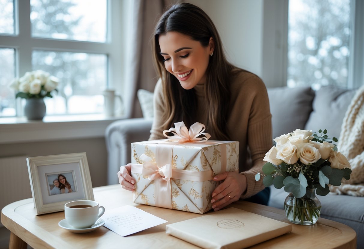 A woman wrapping a birthday gift with personalized items and winter decorations in a cozy living room.