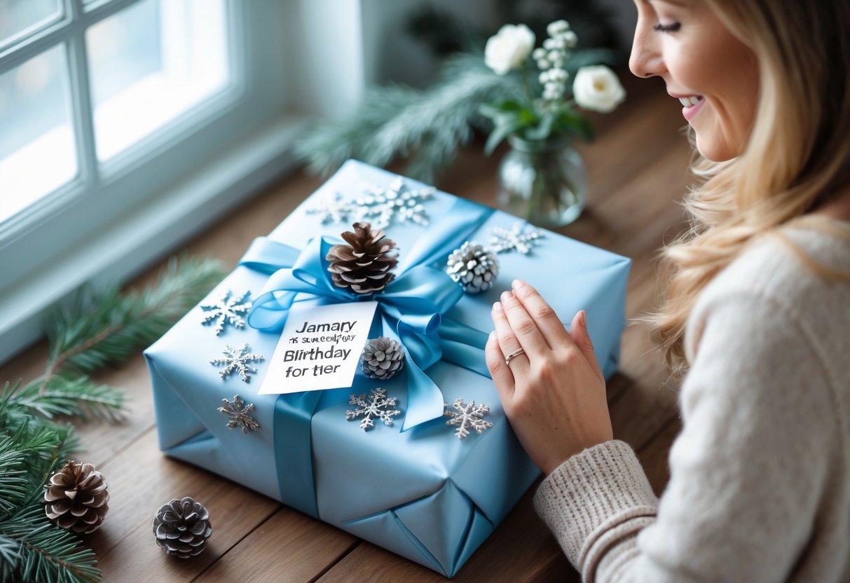 A woman holding a handwritten card next to a beautifully wrapped winter-themed birthday gift on a wooden table.
