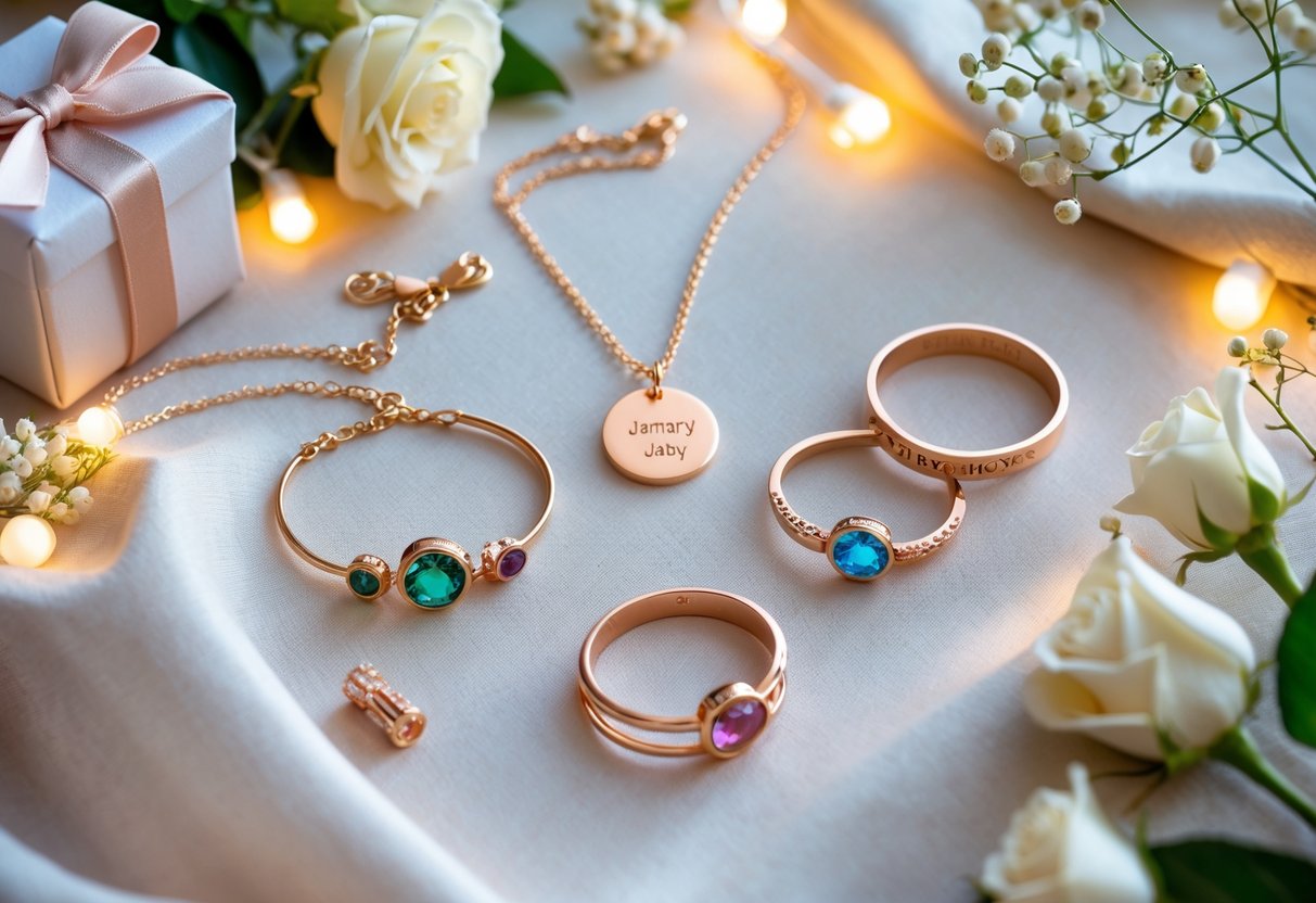 A collection of personalized jewelry pieces including engraved necklaces, birthstone bracelets, and custom rings arranged with flowers and a small gift box on a soft fabric background.