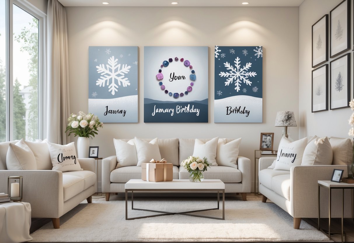 A cozy living room with personalized decorations, a wrapped gift on a coffee table, and winter-themed wall art celebrating a woman's birthday.
