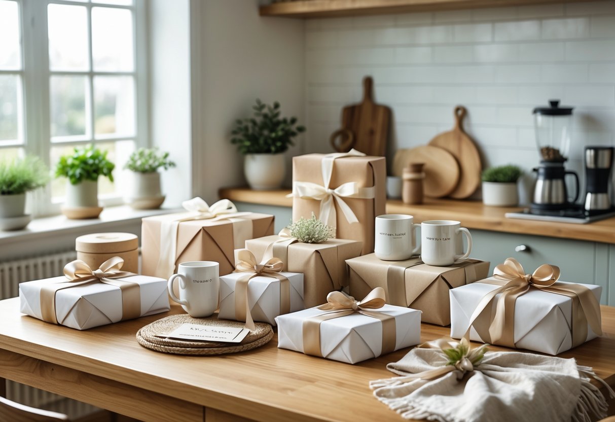 A wooden dining table with wrapped kitchen and dining gifts including mugs, cutting board, spice jars, and linen napkins, with natural light and kitchen items in the background.