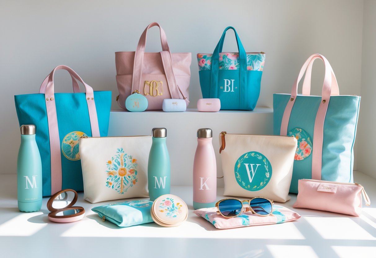 A collection of personalized tote bags and on-the-go accessories arranged on a white surface, including compact mirrors, water bottles, and small pouches.