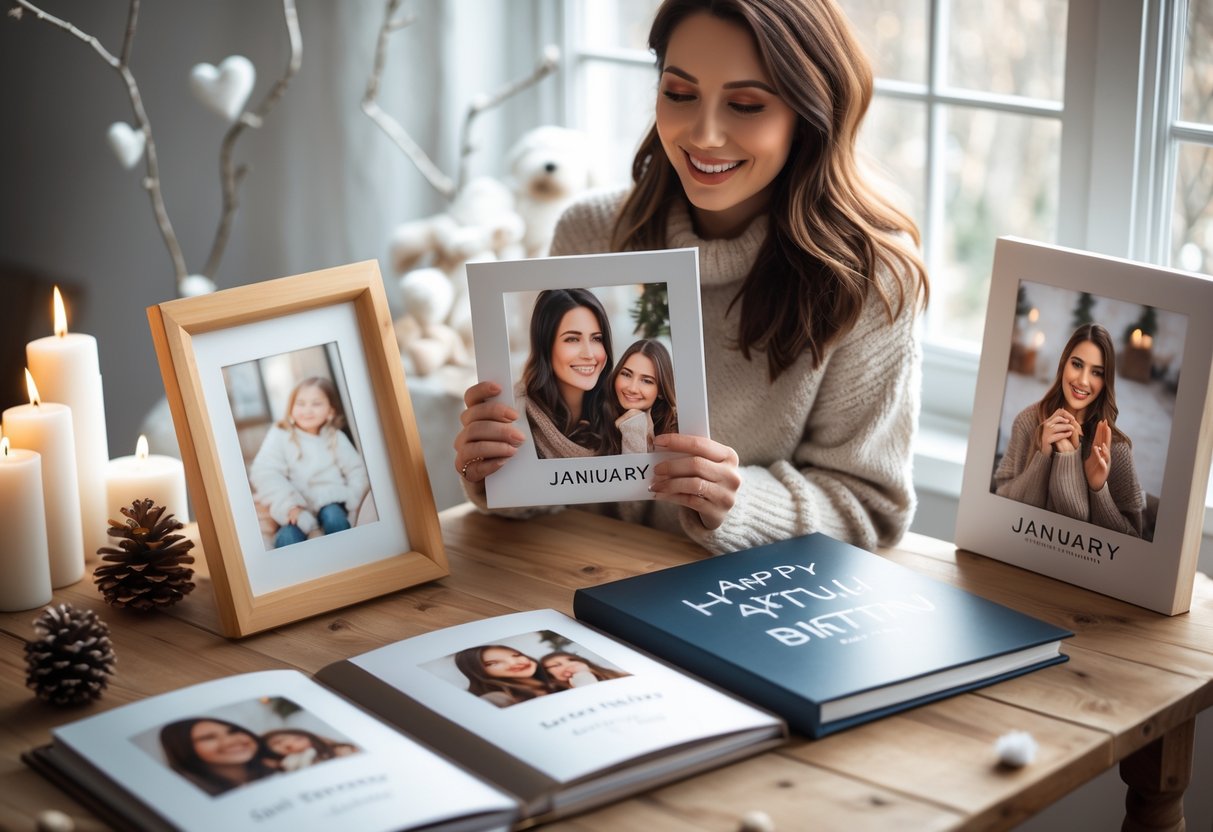 A woman holding a personalized photo gift surrounded by photo albums and framed pictures on a wooden table with winter decorations.