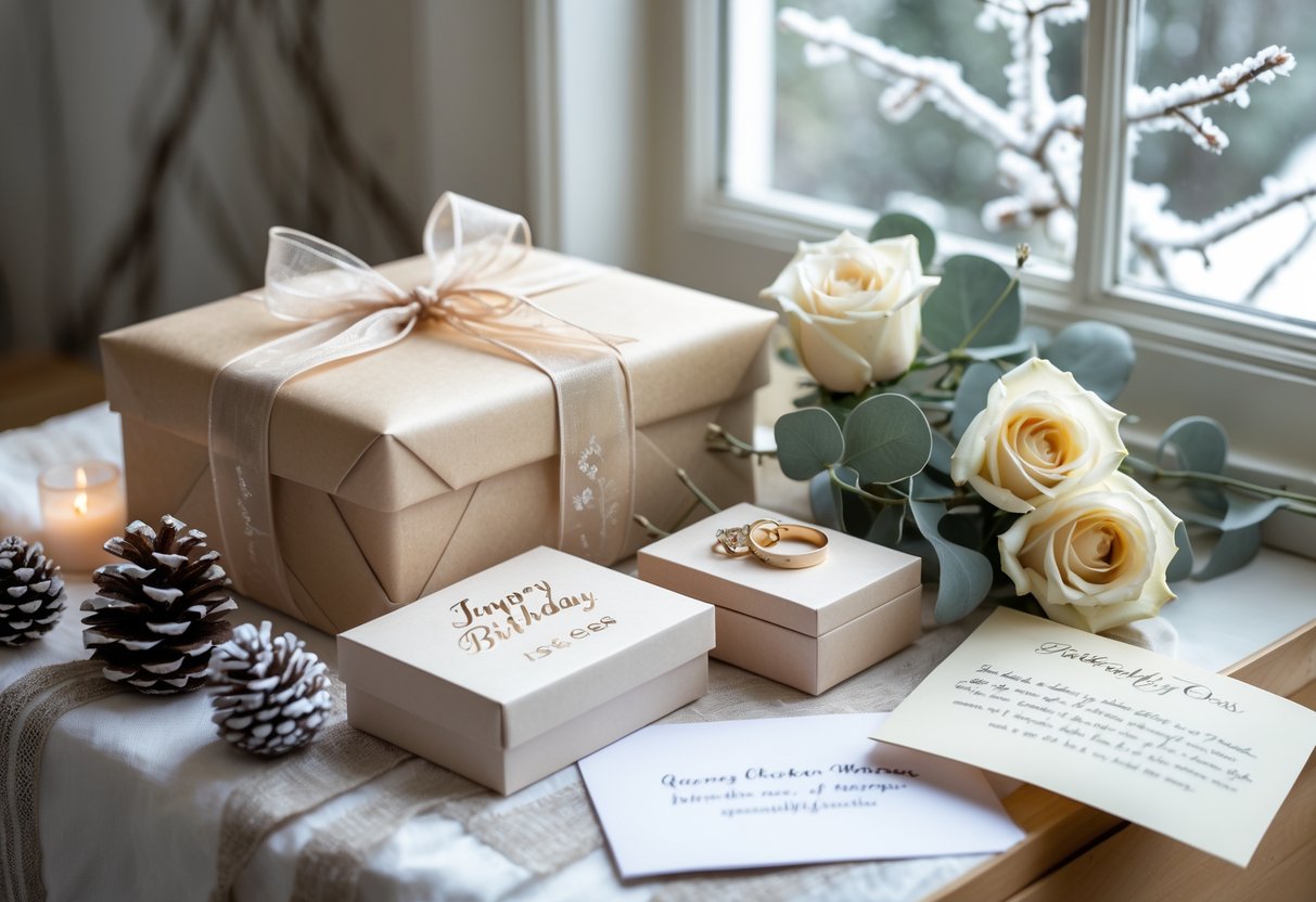 A wrapped gift box with personalized keepsakes and winter flowers arranged on a table by a window.