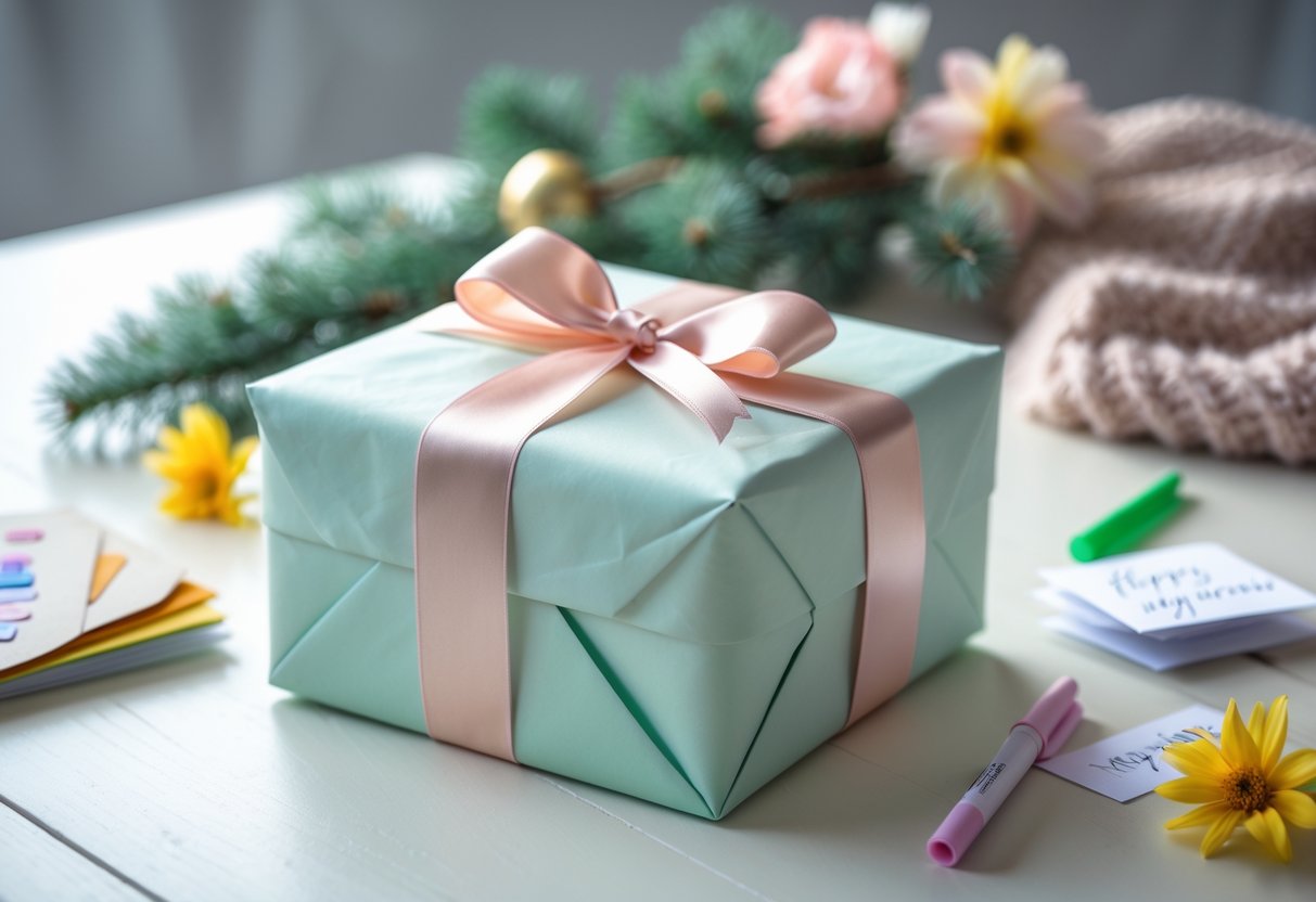 A wrapped birthday gift with a satin ribbon on a wooden table surrounded by flowers and gift tags.