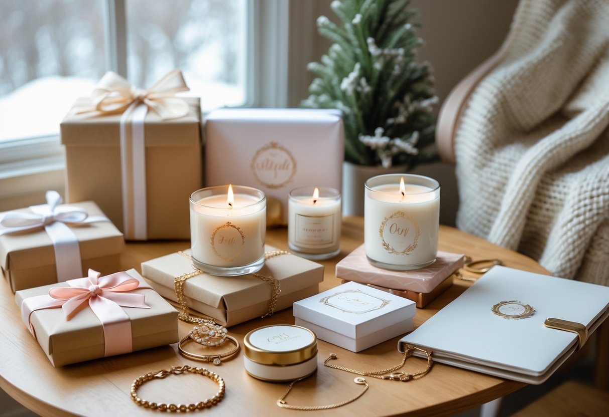 A table displaying various personalized gifts for women, including engraved jewelry, custom candles, and wrapped boxes, with winter decor in the background.