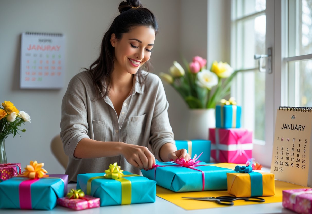 A woman wrapping a birthday gift at a table with wrapping supplies and a January calendar nearby.