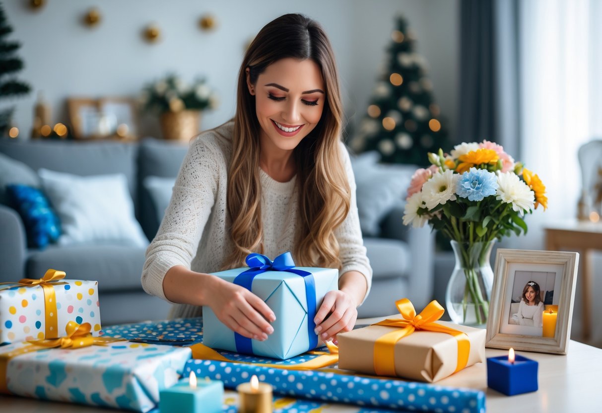A woman wrapping a birthday gift in a cozy room decorated with winter-themed items and gift-wrapping supplies nearby.