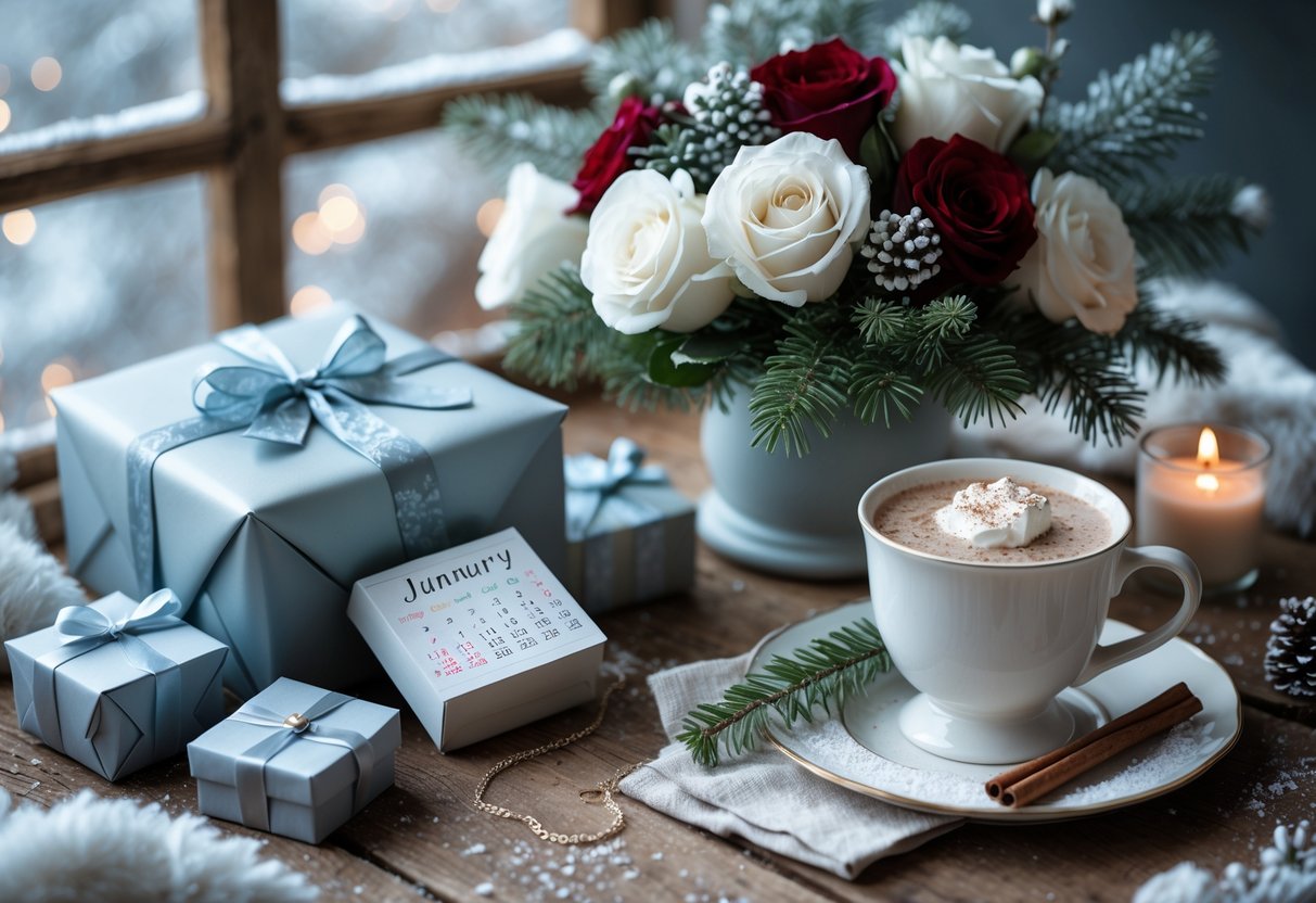 A cozy winter scene with wrapped birthday gifts, a bouquet of flowers, a cup of hot cocoa, a heart-shaped jewelry box, and a candle on a wooden table.